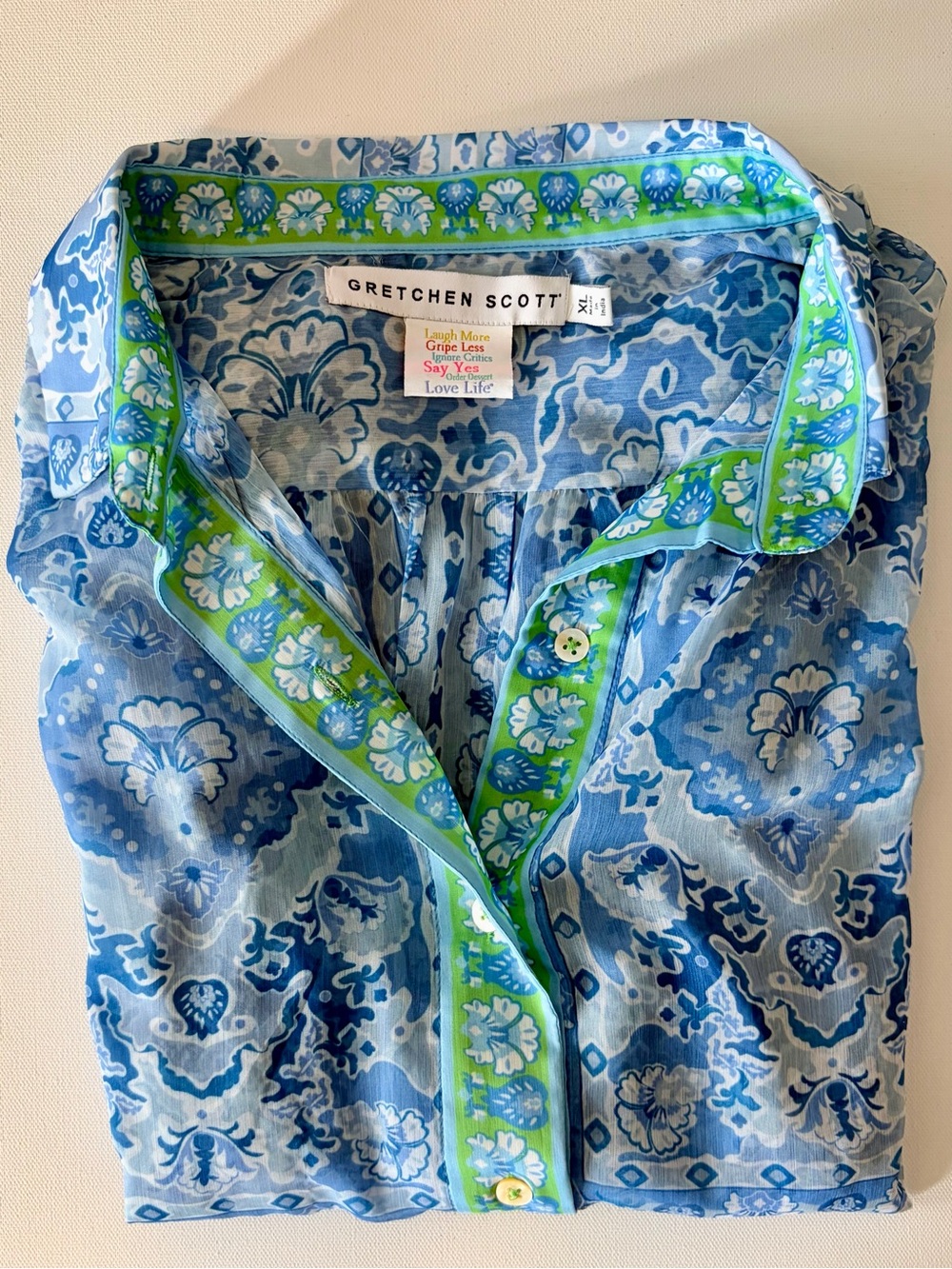 Gretchen Scott Designs Blue Floral Button-Down with Green Trim
